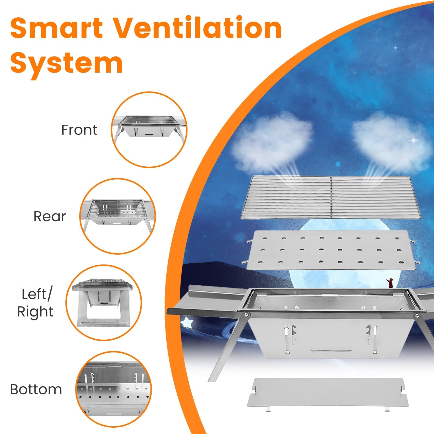 1 Set 3 In 1 Foldable Charcoal Grill Fire Pit Slow Cooker 2 - 3 People Portable Camping Grill Stainless Steel BBQ Grill For Camping Tailgating Yard - ELITE RV SUPPLY