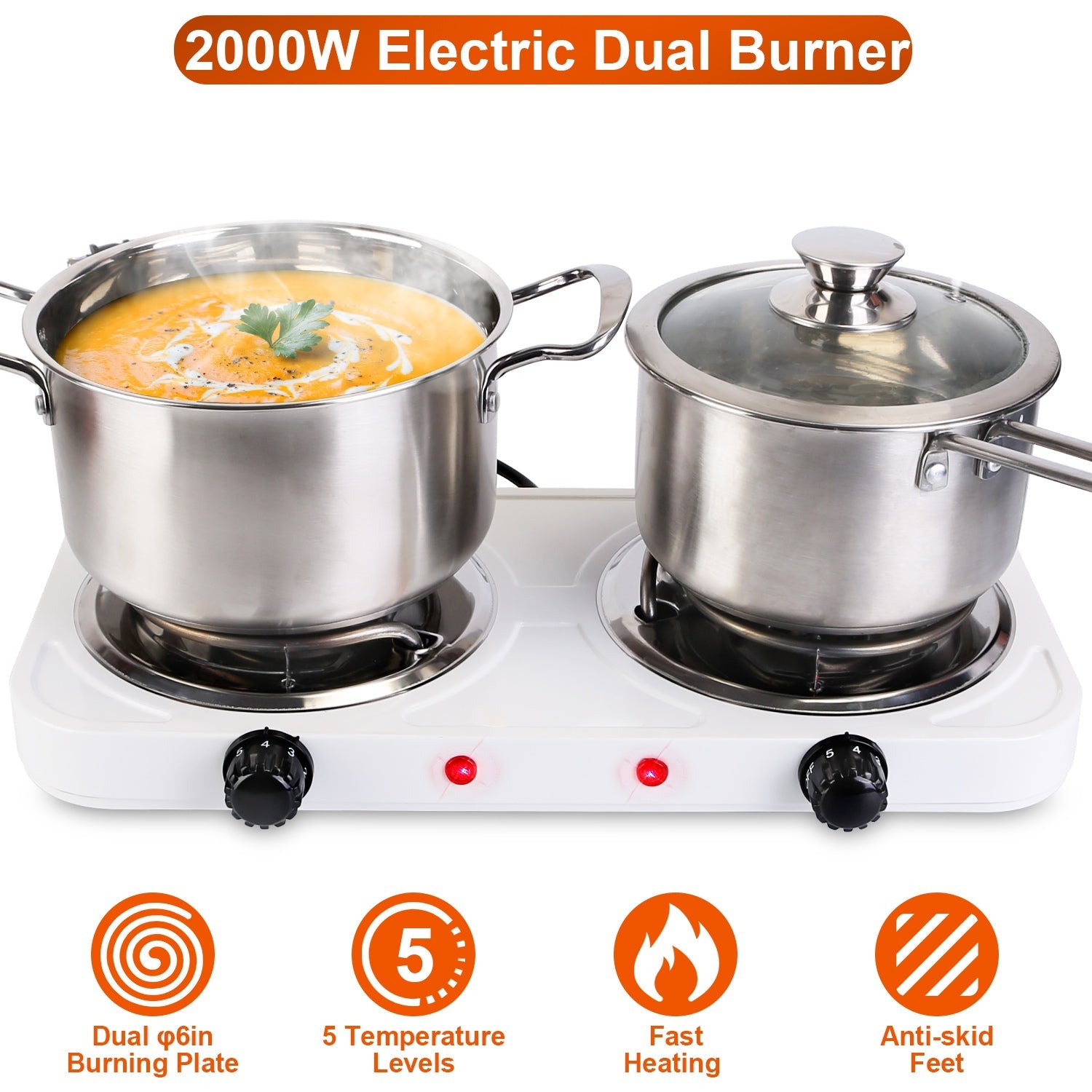 2 Color Options - 1Pc 2000W Electric Double Burner Portable Coil Heating Hot Plate Stove Countertop RV Hotplate With Non Slip Rubber Feet 5 Temperature Adjustments - ELITE RV SUPPLY