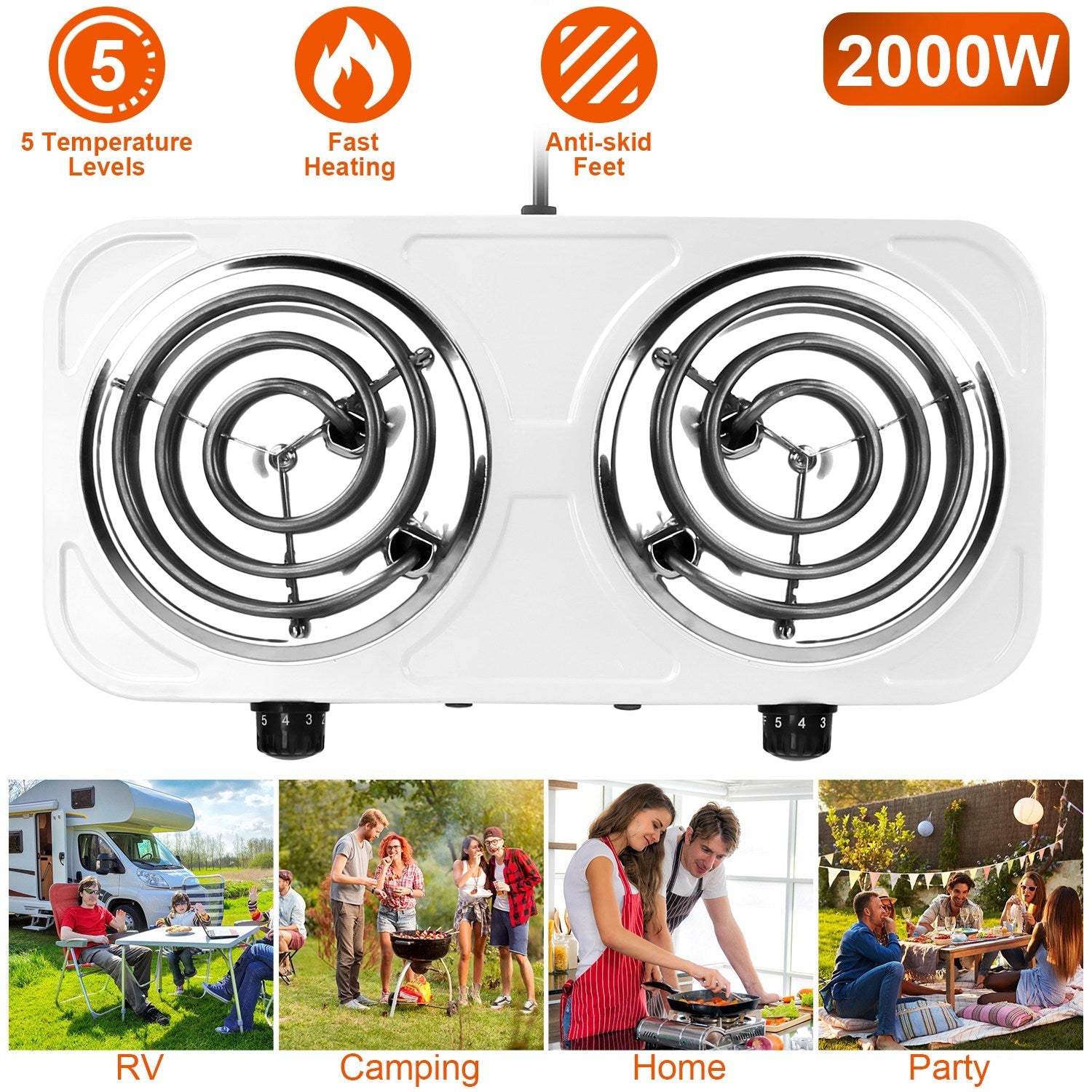2 Color Options - 1Pc 2000W Electric Double Burner Portable Coil Heating Hot Plate Stove Countertop RV Hotplate With Non Slip Rubber Feet 5 Temperature Adjustments - ELITE RV SUPPLY
