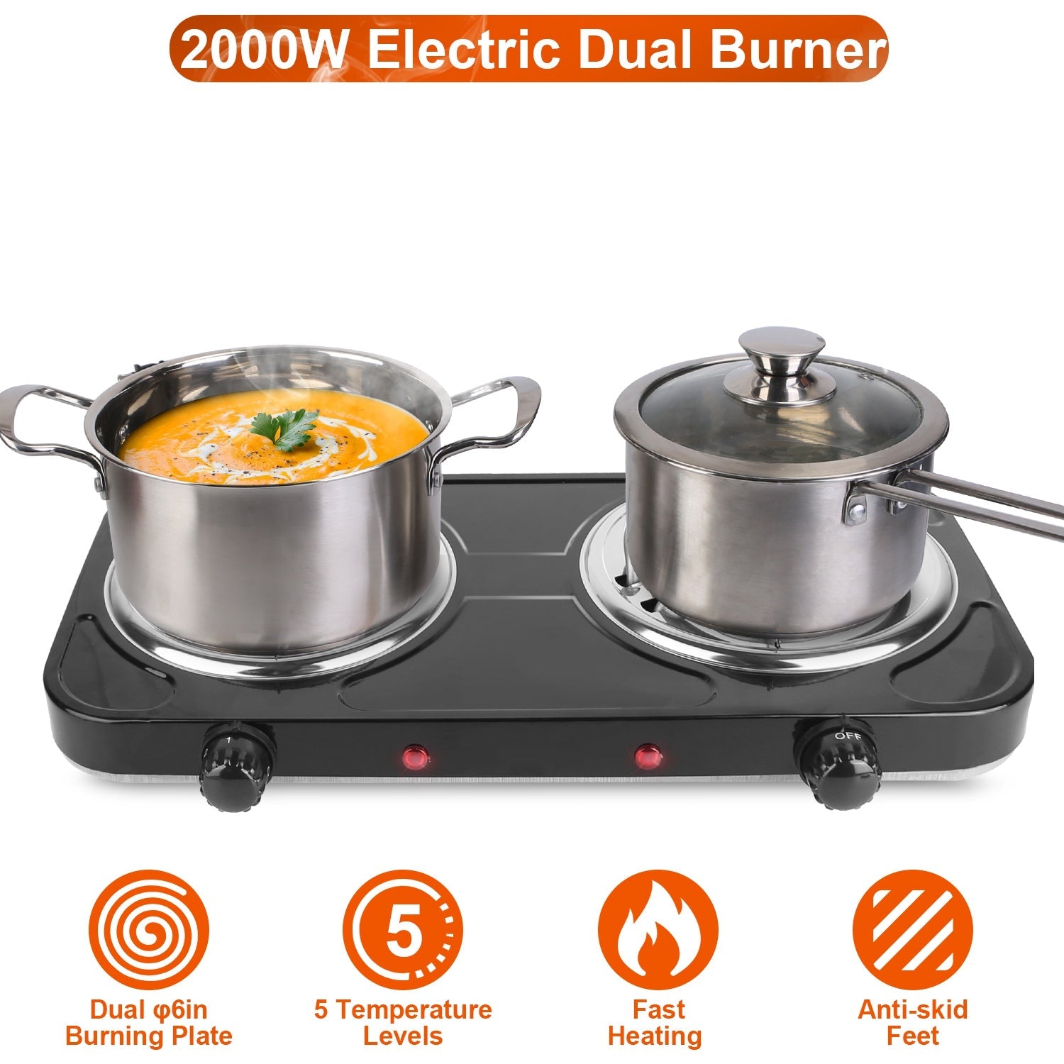 2 Color Options - 1Pc 2000W Electric Double Burner Portable Coil Heating Hot Plate Stove Countertop RV Hotplate With Non Slip Rubber Feet 5 Temperature Adjustments - ELITE RV SUPPLY