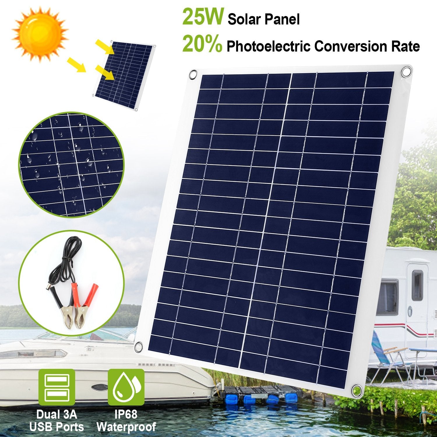 25W 12V Solar Panel Battery Charger - IP68 Waterproof with Dual USB for RV - ELITE RV SUPPLY