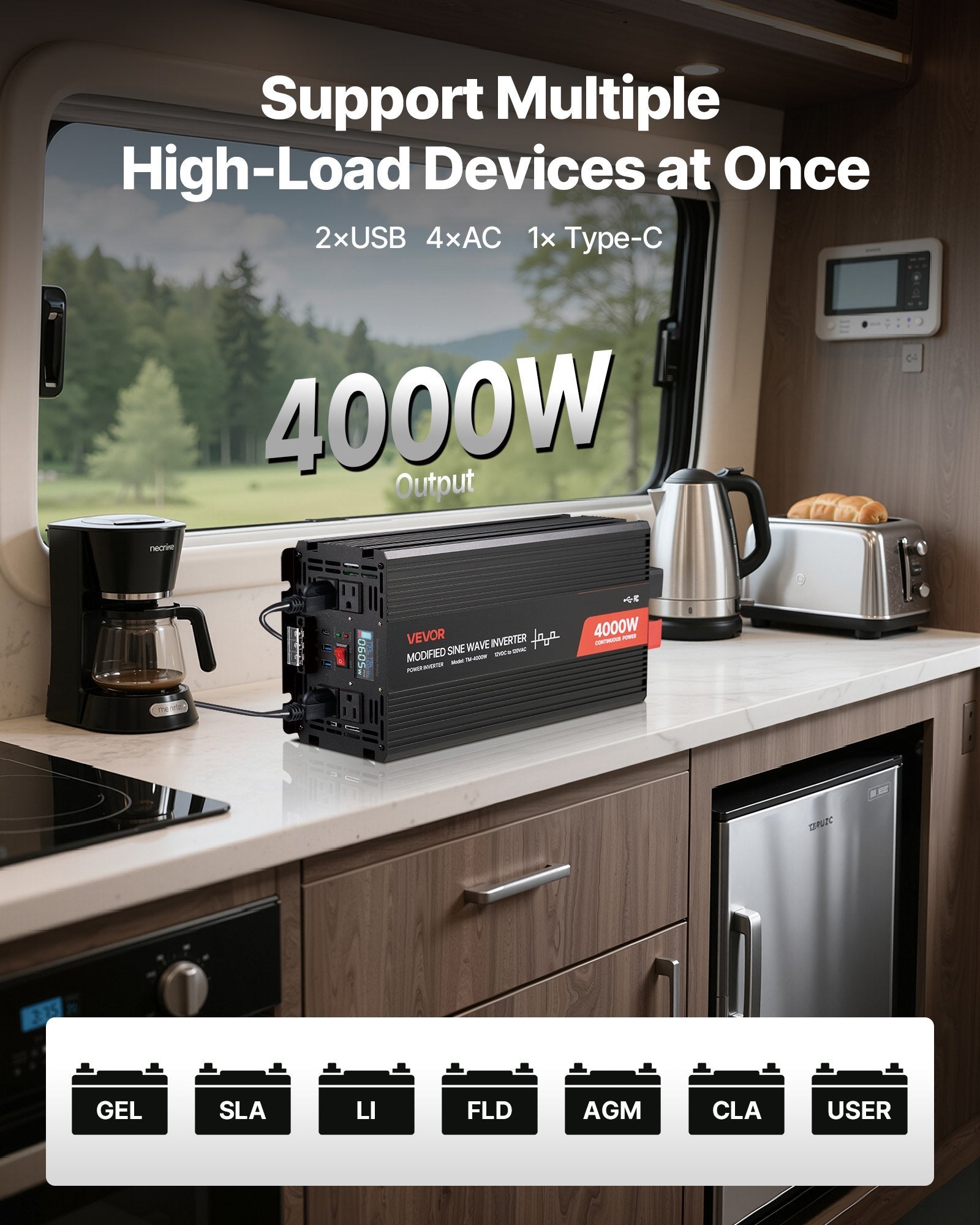 4000W Power Inverter, 12V DC To 120, 2 USB Ports, 4 AC Outlets, Type - C Port, For RV, Truck Outdoor - ELITE RV SUPPLY
