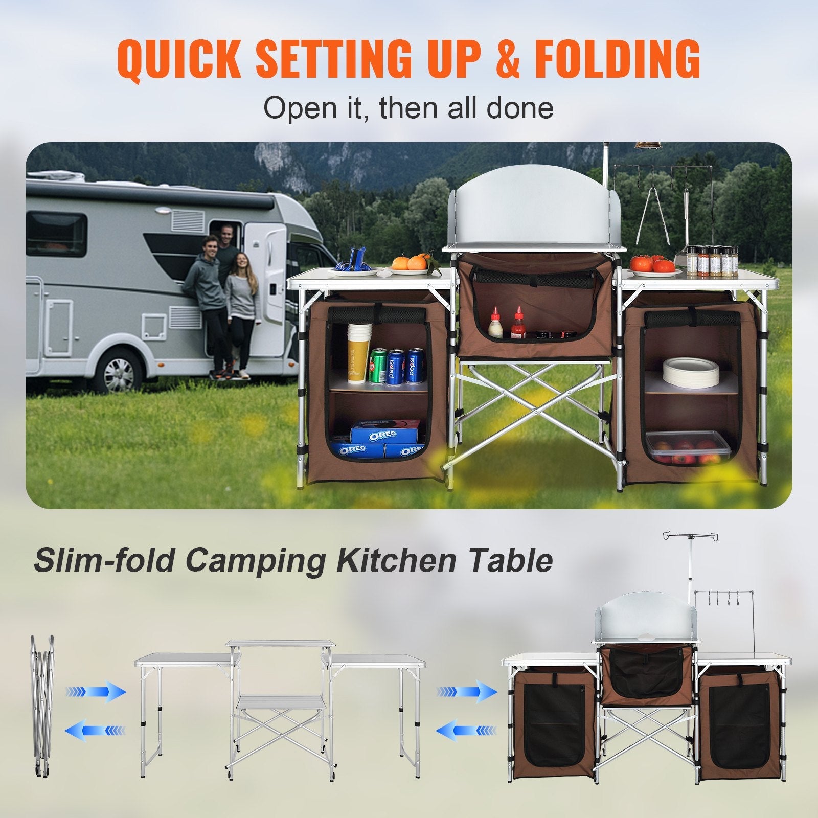 Camping Kitchen Table, Folding Outdoor Cooking Table With Storage Carrying Bag, Aluminum Cook Station 3 Cupboard & Detachable Windscreen, Quick Set - up For Picnics, BBQ, RV Traveling, Brown - ELITE RV SUPPLY
