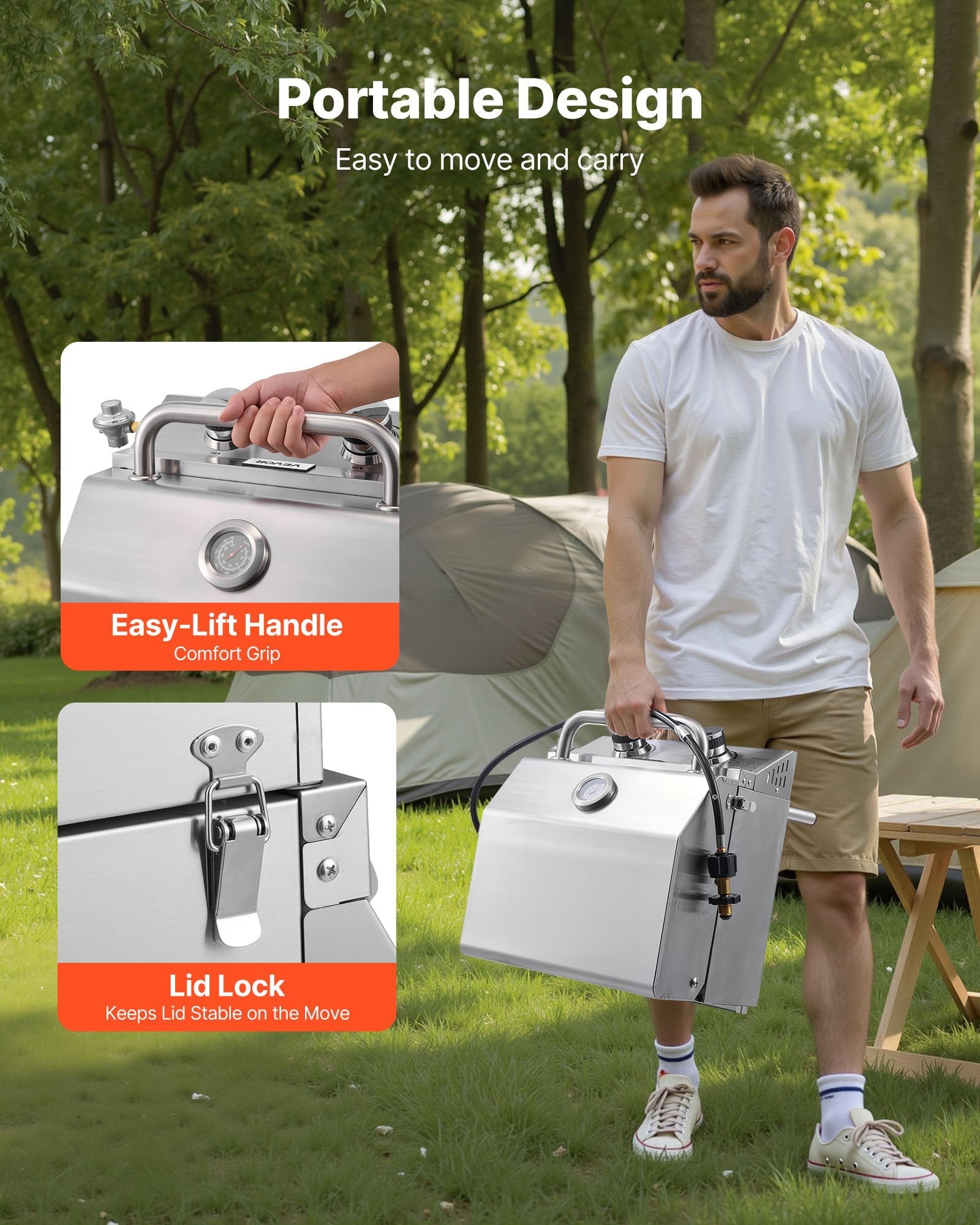 Tabletop Gas Grill, 2 - Burner Stainless Steel Portable Propane Grill, With Built - in Thermometer, Travel Locks, Weatherproof Lid, 15,000 BTU Total, For Outdoor Cooking, Patio, Party, Camping, RV - ELITE RV SUPPLY