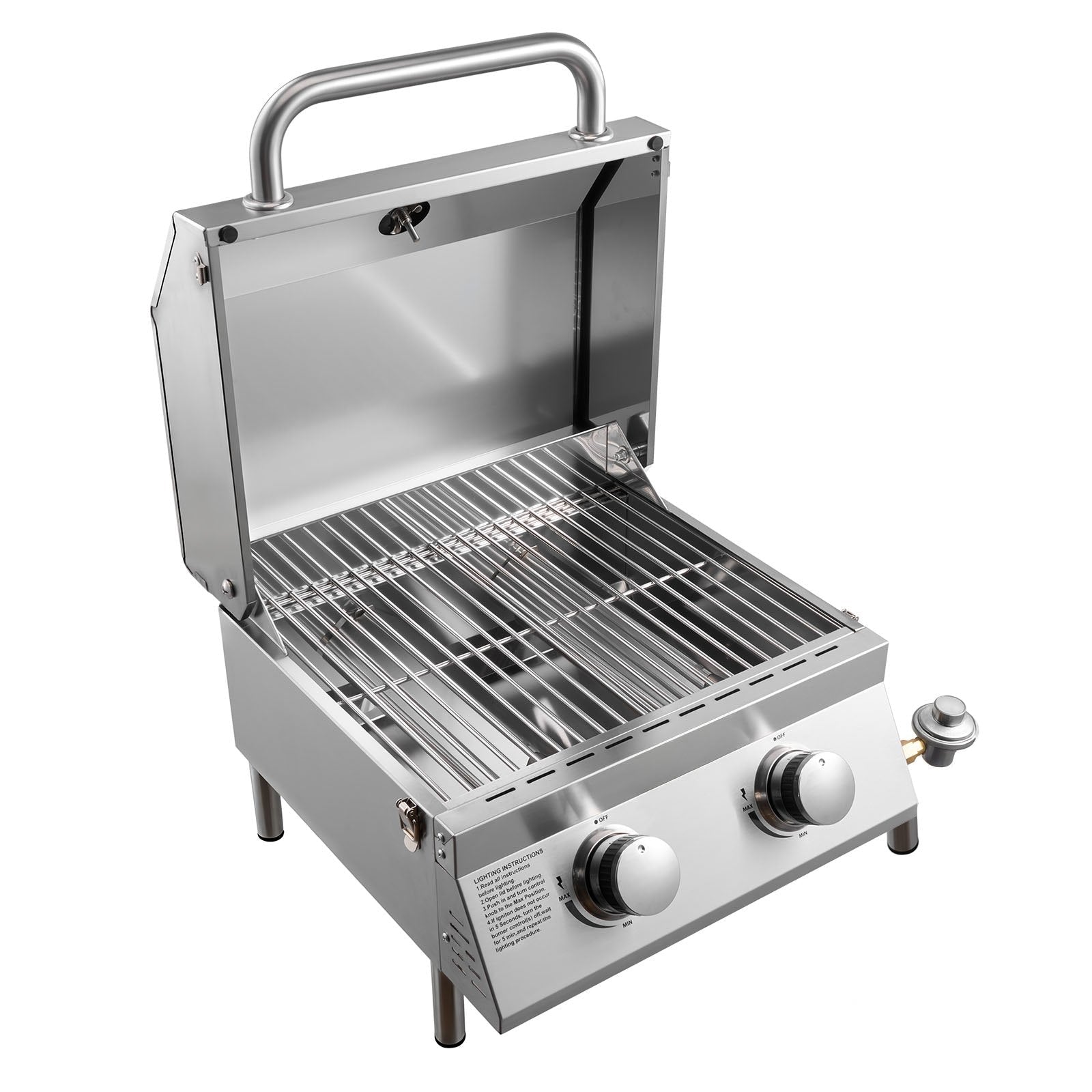 Tabletop Gas Grill, 2 - Burner Stainless Steel Portable Propane Grill, With Built - in Thermometer, Travel Locks, Weatherproof Lid, 15,000 BTU Total, For Outdoor Cooking, Patio, Party, Camping, RV - ELITE RV SUPPLY