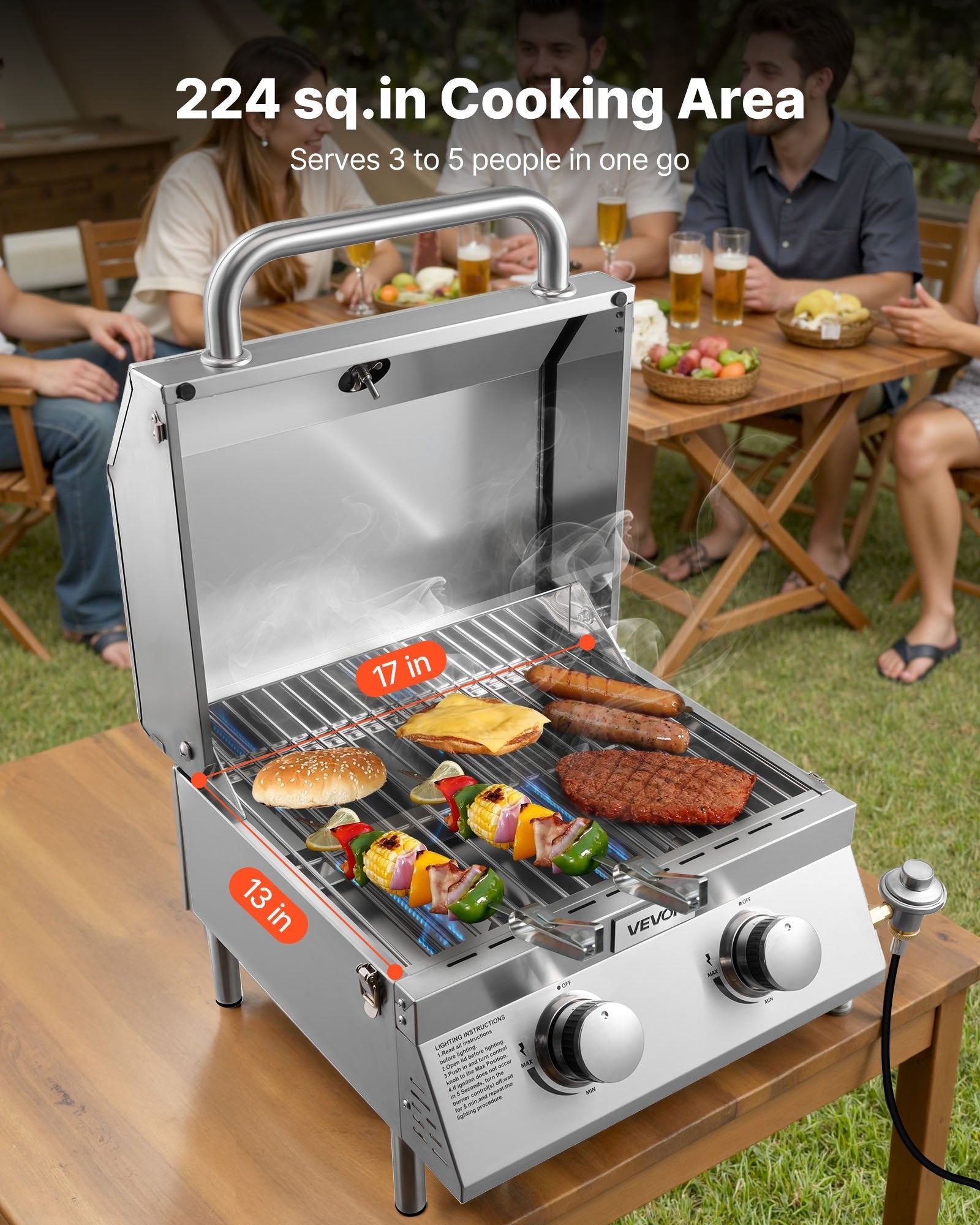 Tabletop Gas Grill, 2 - Burner Stainless Steel Portable Propane Grill, With Built - in Thermometer, Travel Locks, Weatherproof Lid, 15,000 BTU Total, For Outdoor Cooking, Patio, Party, Camping, RV - ELITE RV SUPPLY